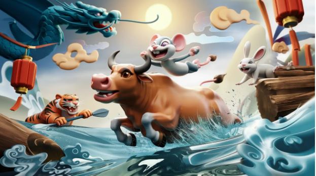  تصویری از حیوانات طالع&zwnj;بینی چینی در حال عبور از رودخانه در یک مسابقه پرجنب&zwnj;وجوش. موشی سوار بر گاو است، ببری روی تنه درخت پارو می&zwnj;زند و خرگوشی با شادی می&zwnj;جهد. اژدهایی در پس&zwnj;زمینه پرواز می&zwnj;کند و فانوس&zwnj;ها و امواج به صحنه انرژی می&zwnj;بخشند.